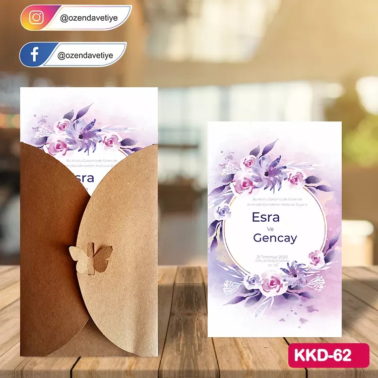 ozen-davetiye-Düğün Davetiyesi - Kelebekli Kraft Zarflı Davetiye Model No:62